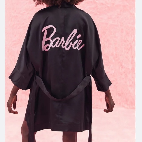 Barbie | Intimates & Sleepwear | Barbie Black Robe Lace Pink Logo ...